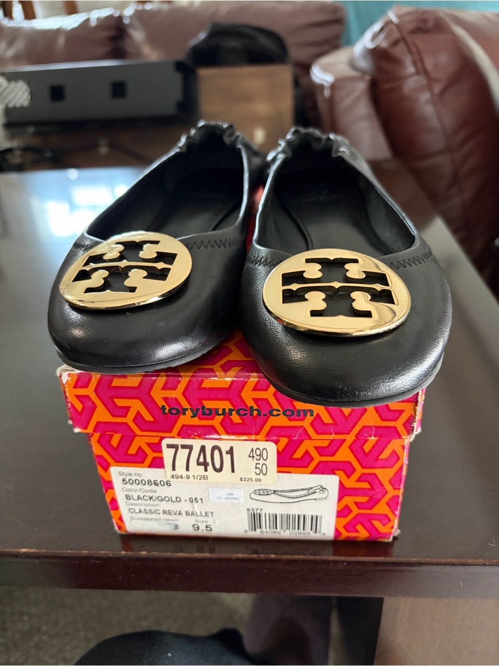 Tory Burch Black Leather Flats with Gold Logo Medallion